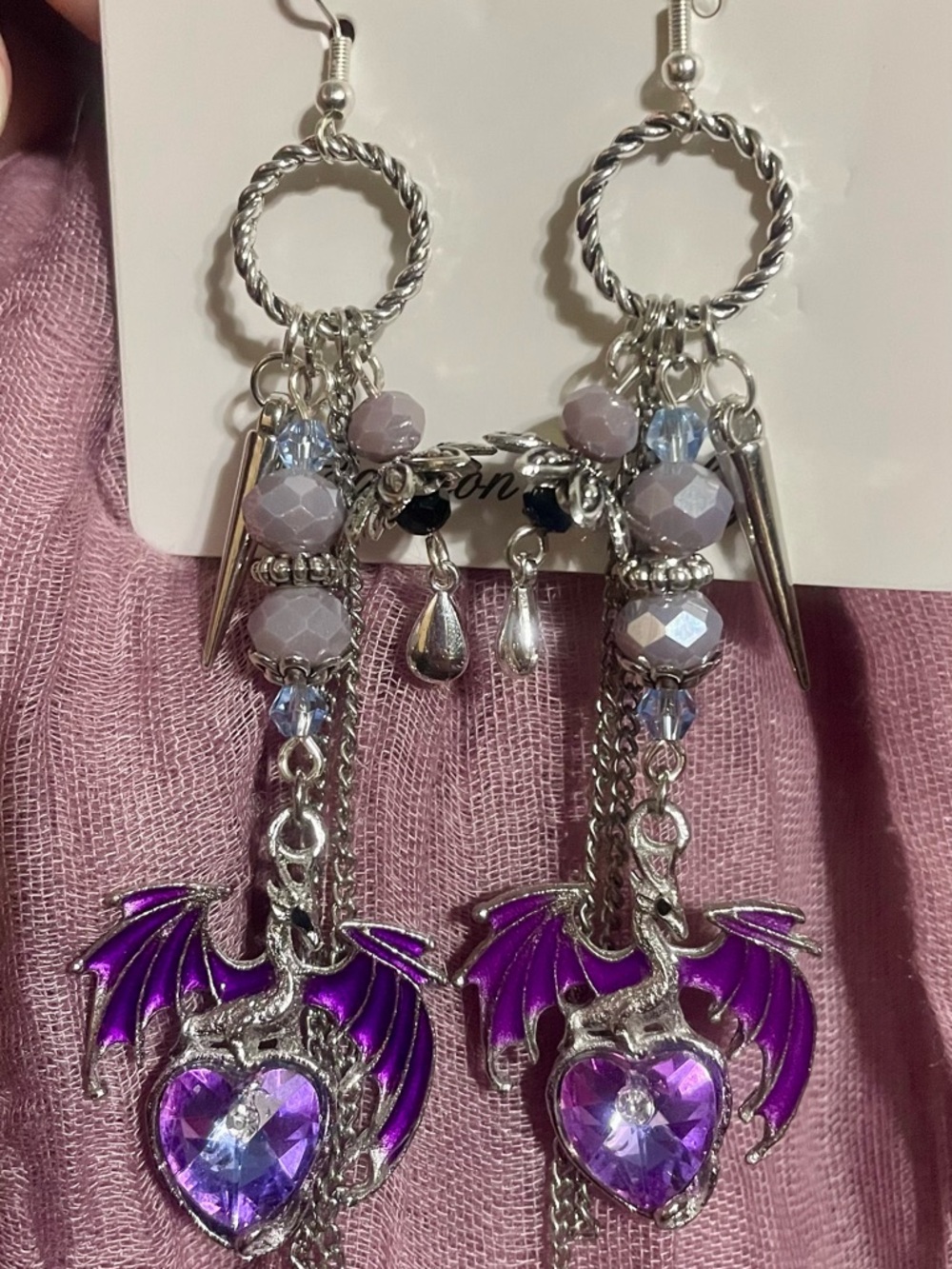 Artisan Fantasy Purple Dragon Heart Dangle Earrings - Picture 3 of 10